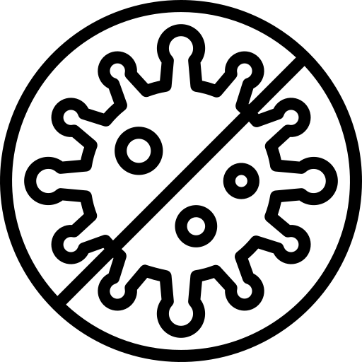 Minimal line art icon of a bacteria symbol crossed out, representing the antimicrobial and antibacterial protection offered by Mirath Beauty’s natural deodorant to keep underarms fresh and healthy.