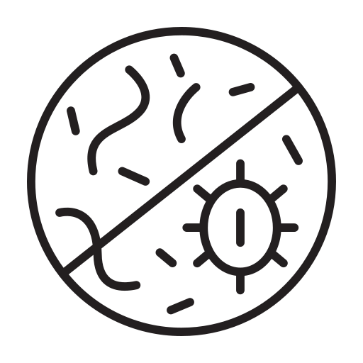 mirath beauty facial gua sha icon depicting a virus and bacteria symbol with a diagonal line, representing antimicrobial and antibacterial skin protection benefits.