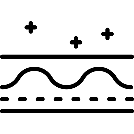 Skin barrier repair icon showing layers of skin with plus signs symbolizing deep absorption and healing