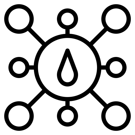 Icon of a central water droplet surrounded by circular spokes, symbolizing skin hydration and nutrient delivery